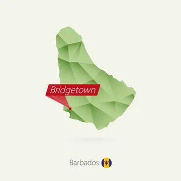 Green gradient low poly map of Barbados with capital Bridgetown Stock Illustration