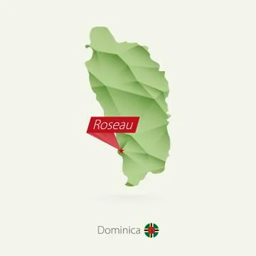 Green gradient low poly map of Dominica with capital Roseau Stock Illustration