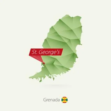 Green gradient low poly map of Grenada with capital St. George's Stock Illustration