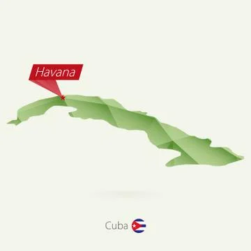 Green gradient low poly map of Cuba with capital Havana Stock Illustration