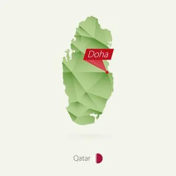Green gradient low poly map of Qatar with capital Doha Stock Illustration