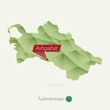 Green gradient low poly map of Turkmenistan with capital Ashgabat Stock Illustration