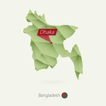 Green gradient low poly map of Bangladesh with capital Dhaka Stock Illustration