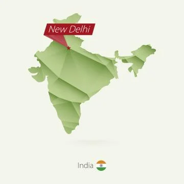 Green gradient low poly map of India with capital New Delhi Stock Illustration