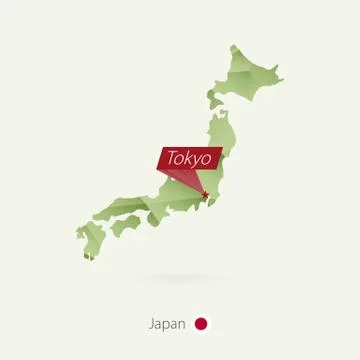 Green gradient low poly map of Japan with capital Tokyo Stock Illustration