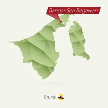 Green gradient low poly map of Brunei with capital Bandar Seri Begawan Stock Illustration
