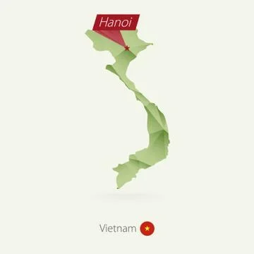 Green gradient low poly map of Vietnam with capital Hanoi Stock Illustration