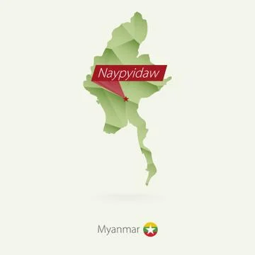 Green gradient low poly map of Myanmar with capital Naypyidaw Stock Illustration