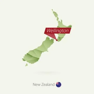 Green gradient low poly map of New Zealand with capital Wellington Stock Illustration
