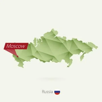 Green gradient low poly map of Russia with capital Moscow Stock Illustration