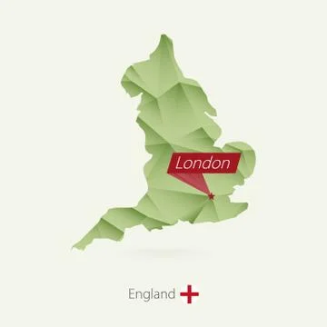 Green gradient low poly map of England with capital London Stock Illustration