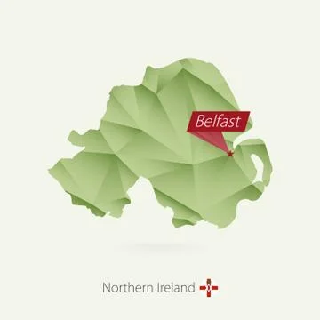 Green gradient low poly map of Northern Ireland with capital Belfast Stock Illustration