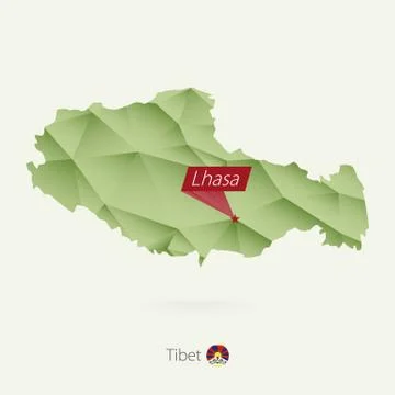 Green gradient low poly map of Tibet with capital Lhasa Stock Illustration