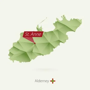 Green gradient low poly map of Alderney with capital St. Anne Stock Illustration
