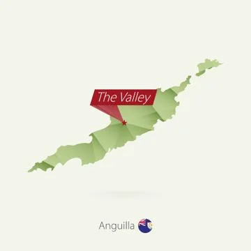 Green gradient low poly map of Anguilla with capital The Valley Stock Illustration
