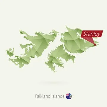 Green gradient low poly map of Falkland Islands with capital Stanley Stock Illustration