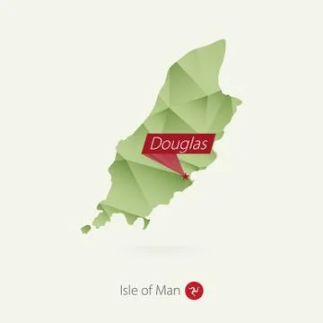 Green gradient low poly map of Isle of Man with capital Douglas Stock Illustration