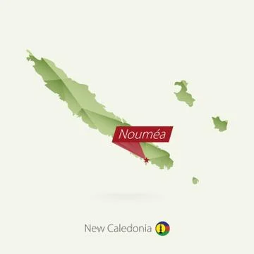 Green gradient low poly map of New Caledonia with capital Noumea Stock Illustration