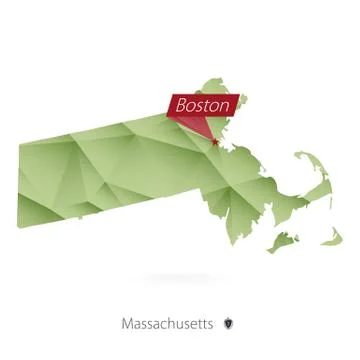 Green gradient low poly map of Massachusetts with capital Boston Stock Illustration