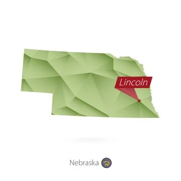 Green gradient low poly map of Nebraska with capital Lincoln Stock Illustration