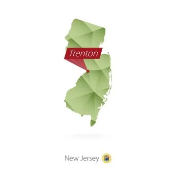 Green gradient low poly map of New Jersey with capital Trenton Stock Illustration