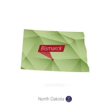 Green gradient low poly map of North Dakota with capital Bismarck Stock Illustration
