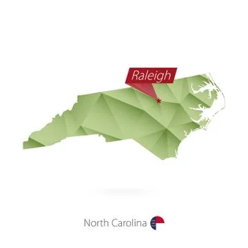 Green gradient low poly map of North Carolina with capital Raleigh Stock Illustration