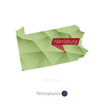 Green gradient low poly map of Pennsylvania with capital Harrisburg Stock Illustration