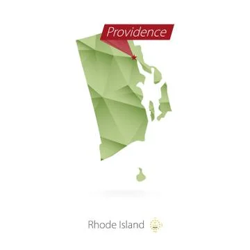 Green gradient low poly map of Rhode Island with capital Providence Stock Illustration