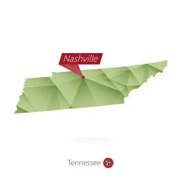Green gradient low poly map of Tennessee with capital Nashville Stock Illustration