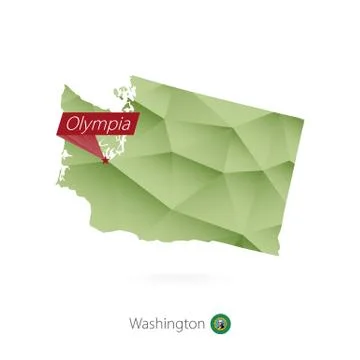 Green gradient low poly map of Washington with capital Olympia Stock Illustration