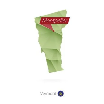 Green gradient low poly map of Vermont with capital Montpelier Stock Illustration