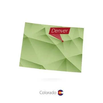 Green gradient low poly map of Colorado with capital Denver Stock Illustration