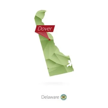 Green gradient low poly map of Delaware with capital Dover Stock Illustration