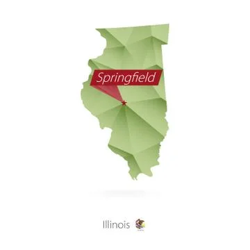 Green gradient low poly map of Illinois with capital Springfield Stock Illustration