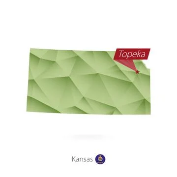 Green gradient low poly map of Kansas with capital Topeka Stock Illustration
