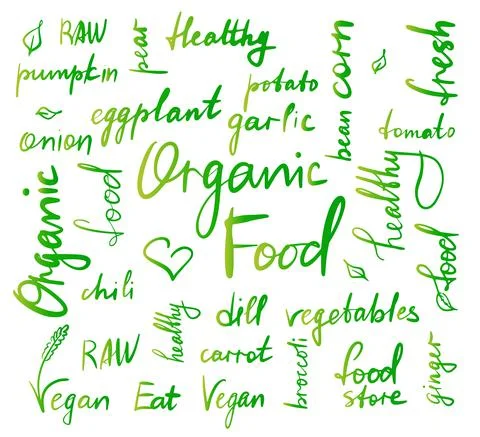 Green gradient text with vegetable names and healthy eating lettering. Stock Illustration