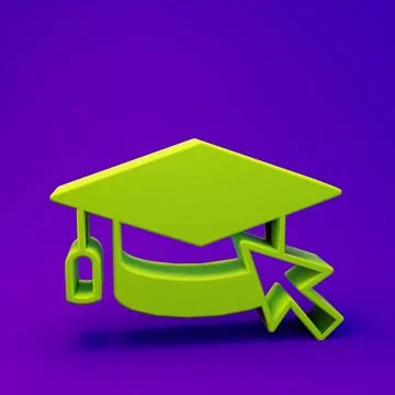 Green Graduation cap with cursor icon isolated on purple-blue background. W.. Stock Illustration