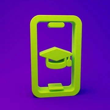 Green Graduation cap on screen smartphone icon isolated on purple-blue back.. Stock Illustration