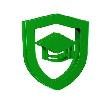 Green Graduation cap with shield icon isolated on transparent background. I.. Illustrazione stock