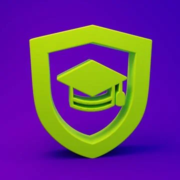 Green Graduation cap with shield icon isolated on purple-blue background. I.. Illustrazione stock