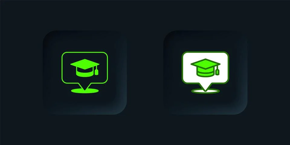 Green Graduation cap in speech bubble icon isolated on black background. Gr.. 库存插图
