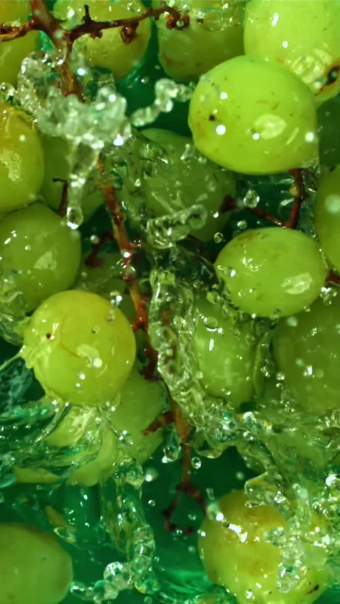 Green grapes fall with splashes into the water. Top view. Filmed on a high-speed Stock Footage 335323076