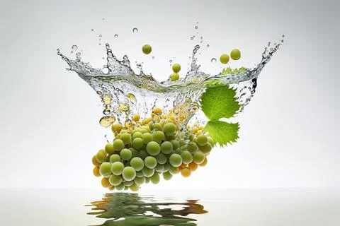 Green grapes falling into deep clear water Stock Photos