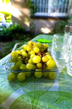 Green grapes lying on a table before getting eaten during a summer picnic Stock Photos