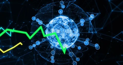 Green graph entering from left initiating node spawning and animating globe, 스톡 동영상 331161343