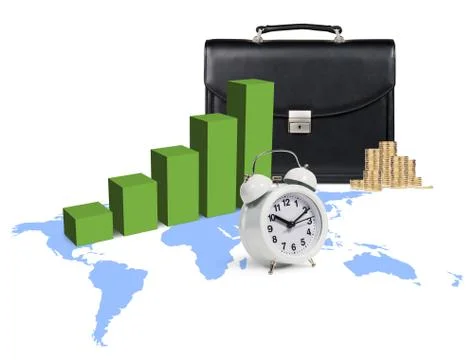 Green graph growth up on the blue map Stock Photos