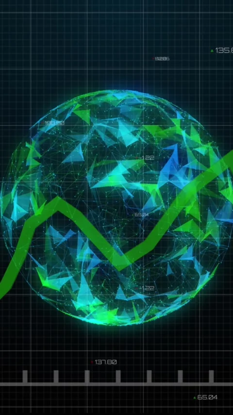Green graph moving over globe of plexus networks against black background Stock Footage 342802346
