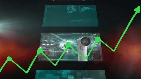 Green graph moving over multiple screens with data processing against gradient Stock Footage 327360217