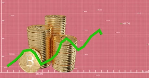Green graph moving over stack of bitcoins against pink background. Stock Footage 138886882